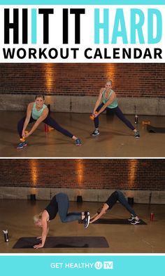 a woman doing an exercise on a yoga mat with the words hit it hard workout calendar