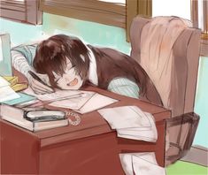 a drawing of a person sleeping on a chair at a desk with papers and a cell phone