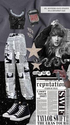 a collage with newspaper paper, shoes and an image of taylor swift on it