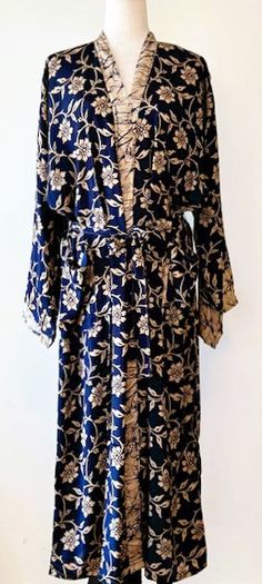 Luxury Silk Kimono Duster: Elegant. This Kimono has a beautiful finish, printed on a classic patern. Creates depth, interest, and designer appeal. Luxurious fabric, soft, opaque. The perfect duster for cocktail parties, resort, beach or poolside cover-up. Adapts well to a duster coat or dress. A stunning mix of rich navy and cream. Great gift for Valentine's Day, Mother's Day, Birthday, or just because you deserve it. Fabric is soft and drapes perfectly. Designed as a duster kimono with multiple style options. Wear open and flowing over a pantsuit, slip dress (looks incredible), belted as a cocktail dress. Material is opaque, pliable and holds it's shape. Definite designer look, elegant. You decide on the styling. Great for travel. Perfect for parties, summer, and at-home entertaining. Mat Duster Kimono, Duster Dress, Beach Kimono, Resort Beach, Kimono Duster, Luxurious Fabric, Print Kimonos, Cocktail Parties, Long Kimono