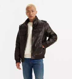 Faux Leather Aviator Bomber Jacket - Brown | Levi's® US Winter Leather Jacket With Zip Fly And Stand Collar, Winter Leather Jacket With Stand Collar And Zip Fly, Casual Winter Leather Jacket With Button Closure, Casual Leather Jacket With Stand Collar And Pockets, Casual Leather Jacket With Button Closure For Winter, Casual Leather Jacket With Stand Collar, Winter Leather Utility Jacket With Flap Pockets, Winter Military Leather Outerwear, Military Style Leather Outerwear For Fall