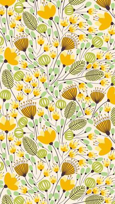 an abstract floral pattern with yellow flowers and green leaves