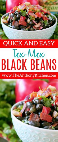 two white bowls filled with black beans and garnished with cilantro