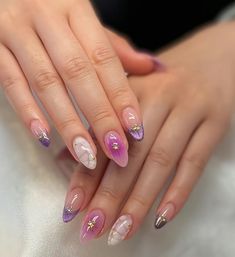 Short Almond Nails Purple, Nails Extension Designs, Bridgerton Nails, Structured Gel Manicure, Pink And Purple Nails, Gel Polish Design, Spring Nails Ideas, Acrylic Nails Almond Shape, Purple Aura