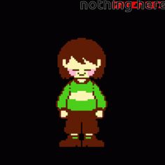 an old school pixel art style character in green shirt and brown pants with text that reads,