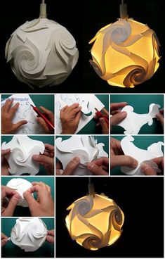 the steps to make a paper lantern with lights on it are shown in several different ways