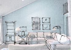 a drawing of a living room filled with furniture