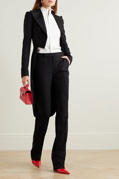 EXCLUSIVE AT NET-A-PORTER. Ralph Lauren Collection focuses on classic styles you'll wear again and again. Cut from black grain de poudre wool, these 'Alaina' pants sit high on the waist and have neatly pressed straight legs with tuxedo-style twill trims along the sides. Womens Tuxedo Outfit, Tux For Women, Suit Overcoat, Stylish Business Outfits, Lauren Alaina, Black Tie Attire, Work Pants Women, Tuxedo Style