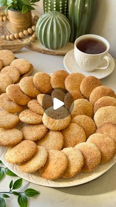 a plate with cookies on it next to a cup of tea and cacti