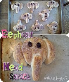 an elephant shaped snack is on a baking sheet with the words elephant head snacks in front of it