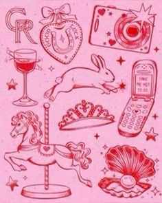 a pink background with various items in red and white, including a cell phone, camera, wine glass, heart shaped balloons, an unicorn