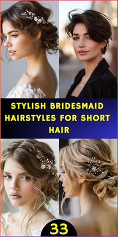 Unleash your inner beauty with 33 fabulous bridesmaid hairstyles for short hair! Whether you're rocking a bob, pixie, or lob, these versatile styles will make you feel confident and radiant. From vintage-inspired waves to modern updos, find the perfect look to complement the bride and showcase your unique style. Short hair is no limit for bridal party glamour! Bridesmaid Hairdo Short Hair, Short Hairstyle Bridesmaid, Hair Ideas For Bridesmaids, Bridesmaid Short Hairstyles, Diy Bridesmaid Hairstyles, Elegant Updos For Short Hair, Modern Updos, Short Bridesmaid Hair, Short Hair Bridesmaid Hairstyles