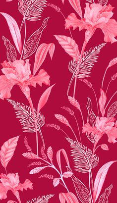 pink flowers and leaves on a red background