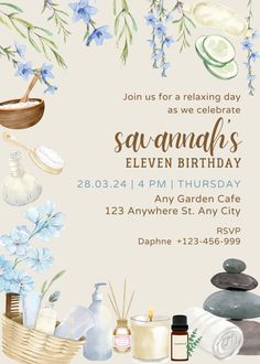 a birthday party with spa items and flowers on the front, including candles, soaps, and scrubs