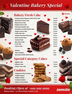 valentine's day bakery special menu with chocolate cake, cookies and other desserts