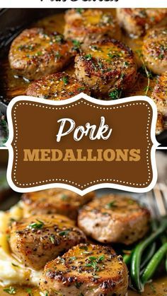 pork medallions with potatoes and green beans in a skillet