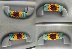 four pictures of sunflower crocheted items in the back seat of a car