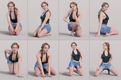 there is a woman sitting on the floor in different poses and posing for photoshopping