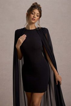 Elysium Black Bodycon Mini Dress With Chiffon Cape – Club L London - USA Black Bodycon Mini Dress, Chiffon Cape, Fishtail Maxi Dress, Concert Dresses, Red Dress Long, Club L London, Minimal Accessories, Art Research, Casual Day Dresses