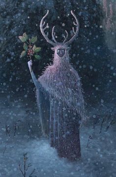 a painting of a deer holding a plant in its hand while it's snowing