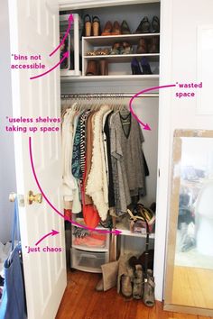 an open closet with shoes and other items labeled on the bottom shelf in front of it