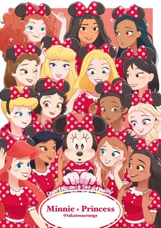 the disney characters are all dressed up in red and white polka dot outfits, with minnie's ears on