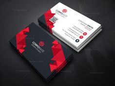 two sided business card with red and black triangles