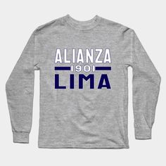 a long sleeved shirt with the word almaza in blue and white on it