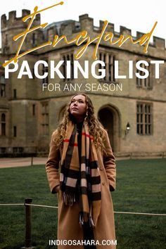 a woman standing in front of a castle with the words, evergreend packing list for any season