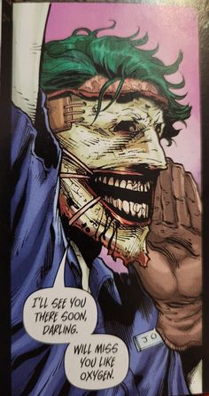 the joker is talking on his phone while wearing a green wig and holding his hand to his face