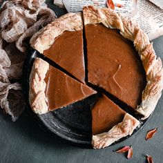 a chocolate pie on a black plate next to some pieces of paper and other items