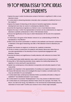 a pink paper with the words top media topic ideas for students on it and an image of