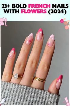 Elegant almond-shaped French nails with flower accents in soft pink gel. Medium length, glossy finish. Perfect for weddings, parties, or any special occasion. These French nails with flowers add a feminine and sophisticated touch. Colorful French Tips With Flowers, Pink Flower Nails, Unghie Sfumate, Floral Nails, Short Acrylic Nails