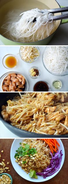 four different pictures with noodles, carrots and other foods in bowls on the table