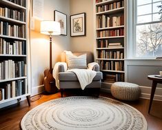 a living room with bookshelves and a chair in front of a large window