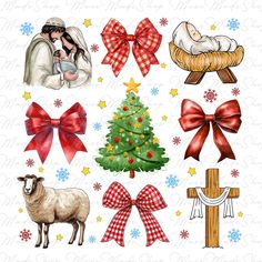 christmas stickers with the image of jesus, mary and baby jesus next to a christmas tree