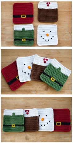 crocheted christmas coasters with santa's hat and snowman on them