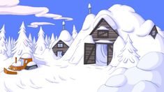 a snow covered mountain with houses and trees in the foreground, and a sled on the ground next to it