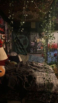 a bed room with a neatly made bed and lots of plants hanging from the ceiling