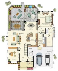 a floor plan for a house with two cars parked in the driveway and an open living area