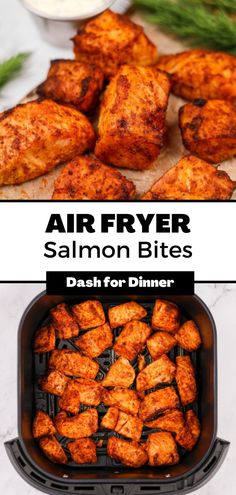 air fryer salmon bites recipe with text overlay