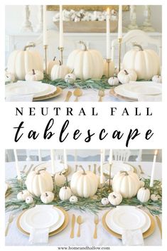 neutral fall tablescape with white pumpkins, greenery and candlesticks in the center