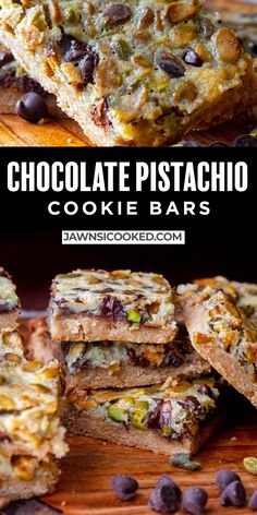 chocolate pistachio cookie bars stacked on top of each other with the text overlay