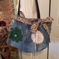 919 Large Blue Jean Purse With 4 Pockets Outside And 4 Pockets Inside. 21" X 14" X 6". With A 12" Nylon Strap Drop. And A Snap Closure. Blue Jean Purses, Jean Purse, Grocery Shopping Bags, Mk Purse, Straw Tote Bag, Medium Handbags, Kate Spade Totes, Nylon Tote Bags, Woven Tote Bag