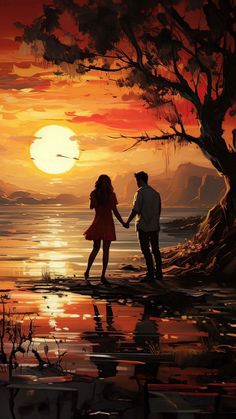 a painting of two people holding hands as the sun sets