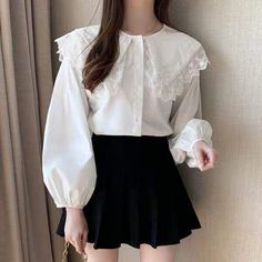 Kawaii Mori Girl Lace Collar Long Sleeve Shirt One Size Bust: 98cm Length: 59cm Sleeve:58cm Material: Polyester Korean Tops Outfits, Blouse Korean Style, Korean Blouse, Mori Girl Fashion, Black Color Hairstyles, Color Hairstyles, Cottagecore Fashion, Set Outfits, Ruffle Shirt