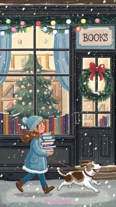 a girl walking her dog through the snow in front of a book store with christmas books