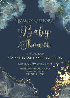 an elegant baby shower is shown with gold glitters on the water and blue background