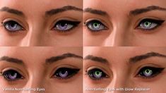 four pictures of green eyes with long lashes