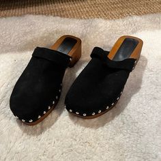 Black Clogs- Never Worn Bc They Were Too Small For Me. Fits Slightly Small- More Like An 8.5 Black Flat Heel Clogs For Spring, Black Clogs With Cushioned Footbed And Flat Heel, Black Open Toe Clogs With Cushioned Footbed, Casual Open Toe Clogs With Studded Outsoles, Black Clogs With Studded Rubber Outsoles And Round Toe, Casual Black Mules With Wooden Heel, Black Clogs With Studded Rubber Outsoles For Spring, Black Clogs, Asos Shoes